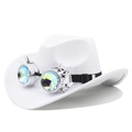 Close-up of white felt cowboy hat with steampunk goggles featuring colorful lenses and spikes - White