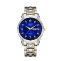 Detailed macro view of blue dial with gold Roman numerals and day-date display window - Two-tone Gold & Silver with Blue Dial