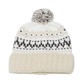 Detailed knit texture of Fair Isle geometric pattern on winter beanie with faux fur pom - M (56-58cm) / Beige
