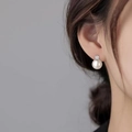 Elegant white pearl stud earrings with sparkling zircon accent in stainless steel - Zircon Pearl Stud / Steel