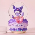 Purple Kuromi crystal ball music box with rose base and sparkling purple sequins - Medium (LED/Music) / Kuromi with Flowers (Purple)
