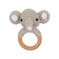 Handmade crochet elephant baby rattle with natural wooden ring for teething and soothing - Elephant with White Ears
