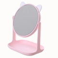 Pink cat-ear desktop makeup mirror with round frame and convenient storage base tray - Cat Ear / Pink
