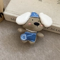 Detail of a handmade knitted puppy plush hair clip with denim outfit and pearl necklace - Gray Knitted Big Ear Dog (Duckbill Clip)