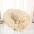 Beige wide brim straw sun hat with elegant gold polka dot ribbon bow decoration - Gold Dot Beige