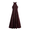 Halter neck pleated PU leather maxi dress in deep wine red color with metallic luster - XS / Burgundy