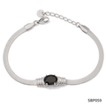 Silver stainless steel flat snake chain bracelet with an oval black gemstone inlay - Silver Black (SBP059)