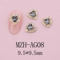 Close-up of heart nail charms with grey stones and gold alloy edges in 9.5x9.5mm size - Gray Black Style(AG08)