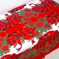 Christmas tablecloth with red poinsettia floral patterns and golden bow detail on white - Style Z