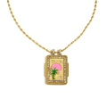 Vintage 18K gold plated necklace with tropical palm tree enamel square pendant - Tropical Palm Tree Sun Design (Golden-5)