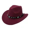 Macro detail of wine red felt cowboy hat with black leather band and turquoise gemstone - M (56-58cm) / Burgundy
