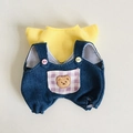 Gelbes T-Shirt und Denim-Latzhose mit Bärenstickerei für 17cm Plüschpuppen Kleidung - Gelbes T-Shirt & Lila Kariertes Denim-Latzhosen-Set / Passend für 17cm Puppe