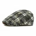 Retro plaid cotton flat cap in black and brown checker pattern shown in side profile - Adjustable / Black & White Check