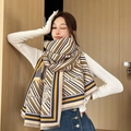 Thick beige winter scarf with dark blue and yellow geometric floral patterns and fringe - Striped Camellia-Yellow Purple