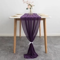 Elegant deep purple chiffon table runner with ribbon bow detail on white marble table - Deep purple