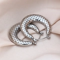 Macro shot of silver chunky hoop earrings with embossed grid pattern on champagne silk - Diamond Pattern Type 2 / Silver