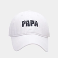 Detailed close-up of blue PAPA embroidery with fishing motifs on a white cotton baseball cap - White