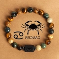 Natural tiger eye stone beaded bracelet featuring a black Cancer zodiac engraved charm - Cancer