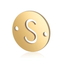 Detail of a golden stainless steel round pendant featuring a cutout letter S and dual holes - Letter S