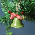 Green Christmas bell ornament with red checkered bow and pine needles for tree decor - Green Single Trumpet Bell