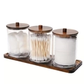 Three-piece clear glass bathroom canister set with dark wood lids and a matching tray - 3 Jars with Black Wood Lid + 1 Black Wood Tray