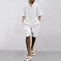 Detail of white jacquard knit texture on men's V-neck top and drawstring shorts set - S / Top And Bottom / White