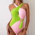 Women's one-piece swimsuit in neon green and pink with cut-outs and a gold ring - S / Green/Light Pink