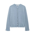 Détail du cardigan bleu clair en maille avec bords volantés et petits boutons blancs - S / Bleu clair