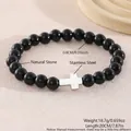 Bracciale regolabile in pietre naturali nere con ciondolo a croce in acciaio dorato - Vetro Nero da 8mm (NAM01-6) / Nero
