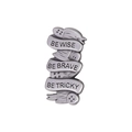 Silver vintage alloy brooch featuring three scrolls engraved with Be Wise Brave Tricky - Scroll Text