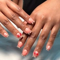 Detail of leopard print French tips nails with 3D red bow rhinestones on square shape - No Accessories Style / X-0442 Leopard Red Bow