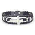 Bracciale multistrato vintage da uomo in pelle marrone con croce in metallo argento - Marrone