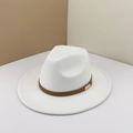 White flat brim wool jazz fedora hat with a dark brown leather band and gold buckle - M(57cm) / White (Brown Metal Buckle)