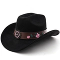 Detailed embroidery of pink roses and metal floral ornament on black felt cowboy hat - M (56-58cm) / Black