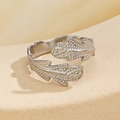 Adjustable silver feather ring in leaf design made of polished stainless steel metal - Leaf Steel Color 77