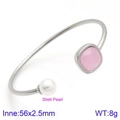 Silver stainless steel open bangle with white shell pearl and pink stone inlay detail - Silver Pink Gemstone Style (KB123022-K)