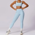 Conjunto de yoga azul claro de dos piezas con top deportivo cuello en U y mallas altas - S / Sujetador + Pantalón Azul cielo