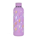 Detail view of purple stainless steel water bottle with lightning and star patterns - Purple Lightning