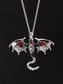 Detail of silver dragon pendant with red crystal wings and sparkling rhinestones - Necklace / Grey Black (N-1129)