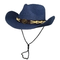 Blue woven straw cowboy hat with vintage bull head leather band and chin strap - M (56-58cm) / Navy Blue