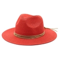Red straw fedora sun hat with leather strap and gold beads on white background - Red