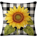 Linen sunflower pillow cover with black and white checkered pattern on white background - 45x45cm Pillow Cover / Sunflower Black White Plaid-4 (24ym1111-4)