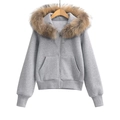 Grey zip-up hoodie featuring a detachable brown fur collar and kangaroo pocket - S / Light Gray