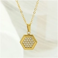 Minimalist golden hexagon pendant necklace with sparkling pavé zircon stones - Small Hexagon Necklace N0108-01