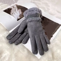 Dark grey faux suede winter gloves with plush cuffs and decorative metal buckle strap - Belt Buckle Style / Gray