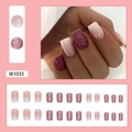 Glossy square press-on nails featuring rose pink glitter and ombre gradient design - W1035 Glitter Bright Pink