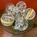 Sparkling gold lace Christmas ball ornaments set on a glass tray for holiday decor - 8CM Snow Spirit Champagne (6Pcs Box)