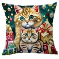 Detail view of cartoon Christmas cat pillowcase featuring watercolor gifts and festive ornaments - Pattern TQDS72-12