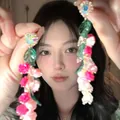 Close-up of long floral drop earrings with pink acrylic flowers and green leaves - Flower Cluster Long Style (6#)