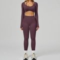 Ensemble de yoga sans couture mauve foncé avec haut court à manches longues et legging - S / Long Sleeve+Leggings - Plum Purple